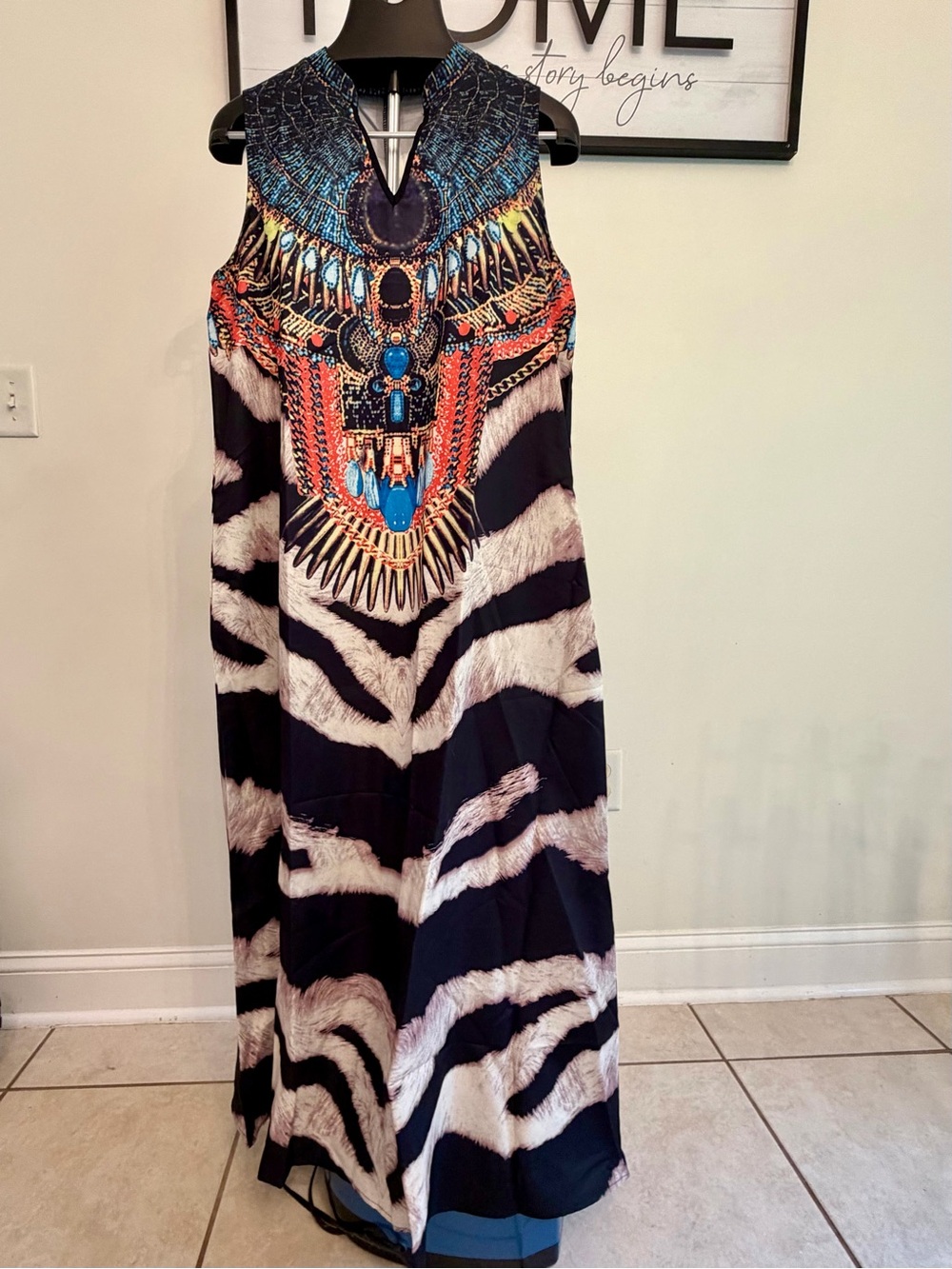 Sleeveless Zebra-Print Maxi Dress with Beaded Multicolor Neckline